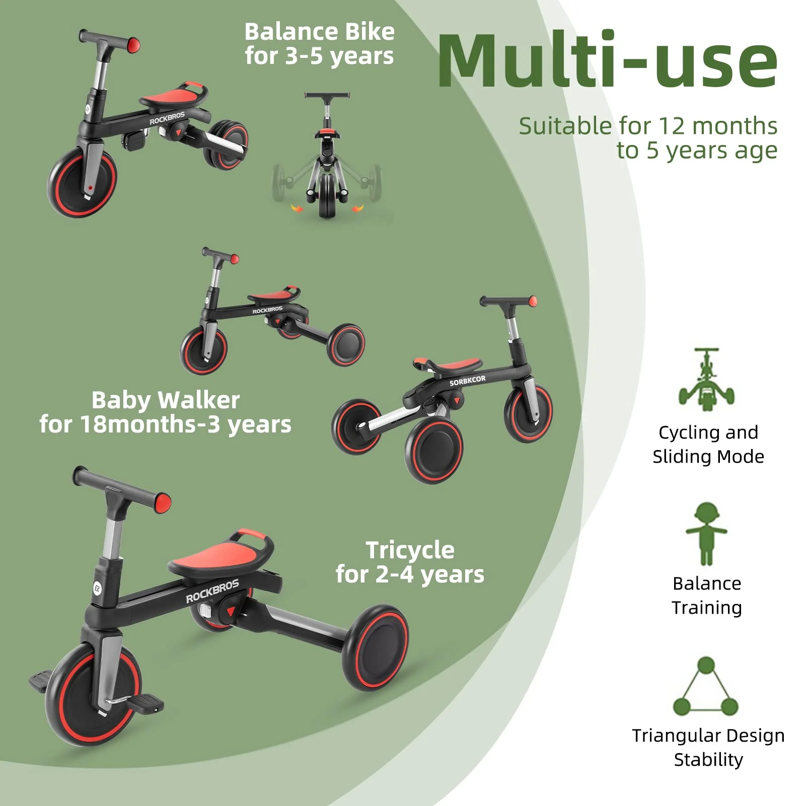 Kids 3 in 1 Tricycle Adjustable Seat Removable Pedals Toddler Ride On Bike - Image 6
