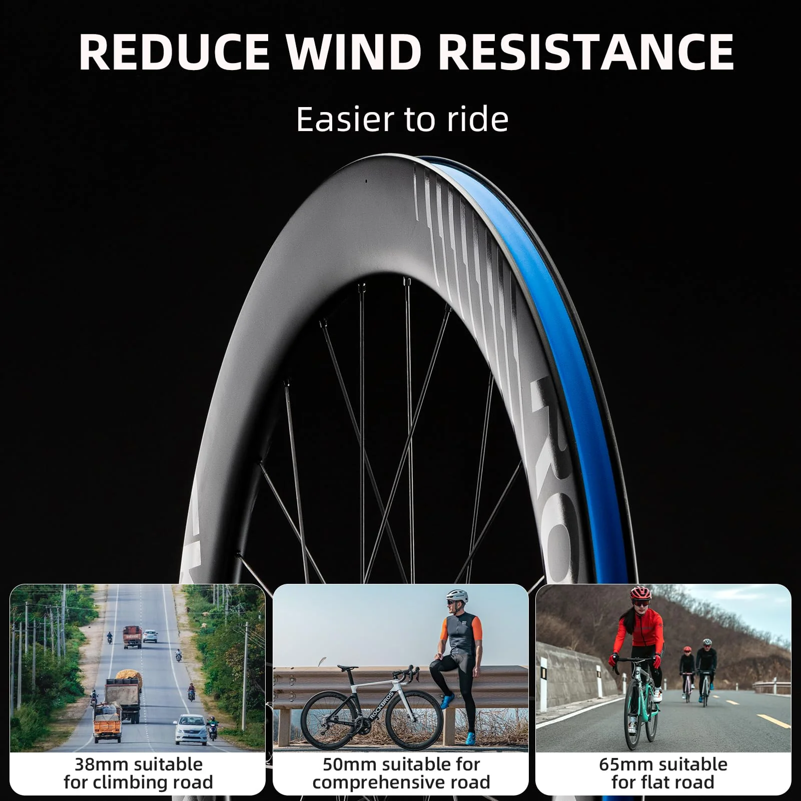 ROCKBROS 700c Carbon Fiber Disc Rim 38/50/65 mm  1.6-1.7 kg Clincher Wheelset - Image 6