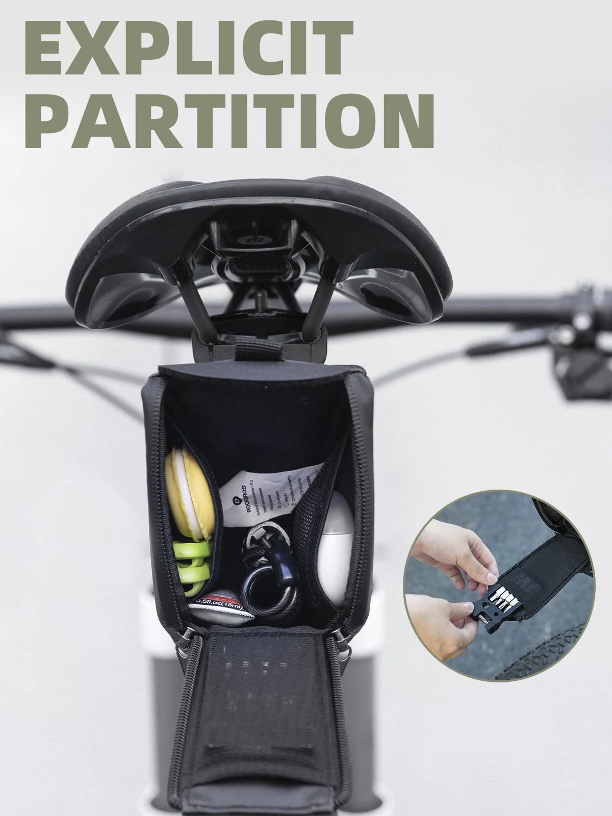 ROCKBROS Bike Saddle Bag, Bike Seat Bag With Bucket Quick Release 0.8-1.3L - Image 4
