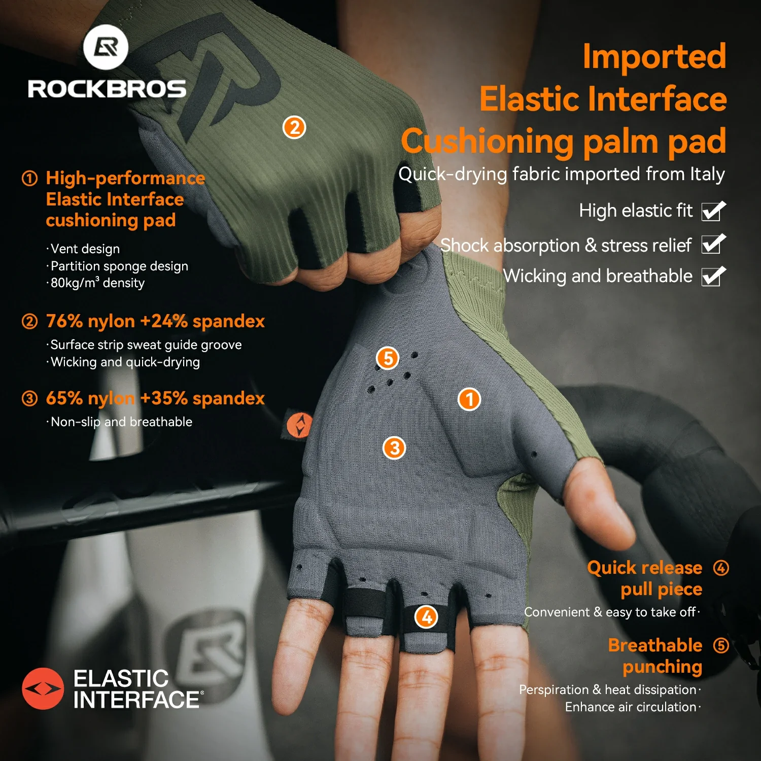 ROCKBROS Elastic Interface® Half-Finger Gel Padded Cycling Gloves - Image 5